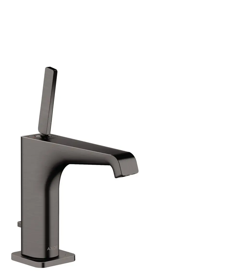 Waschtischmischer von AXOR mit einem seitlichen Hebel, in Brushed Black Chrome, zur Steuerung des Wasserflusses und -durchflusses, geeignet für Badezimmeranwendungen.